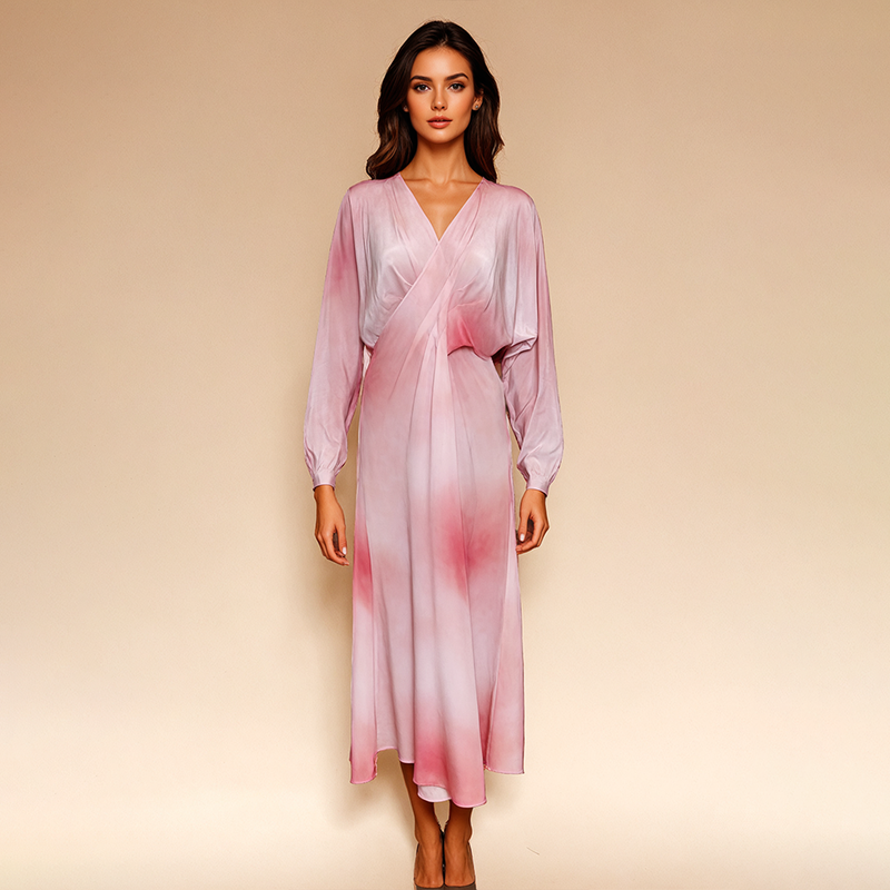 Bellamilan Silk Gradient Print V-Neck Dress