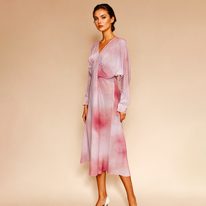 Bellamilan Brand Luxurious Silk Gradient Print V-Neck Dress with Waist Detail